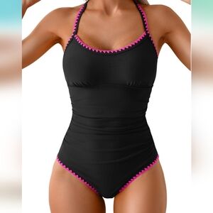 NWT One Piece Tummy Control Black and Pink Women's Swimsuit